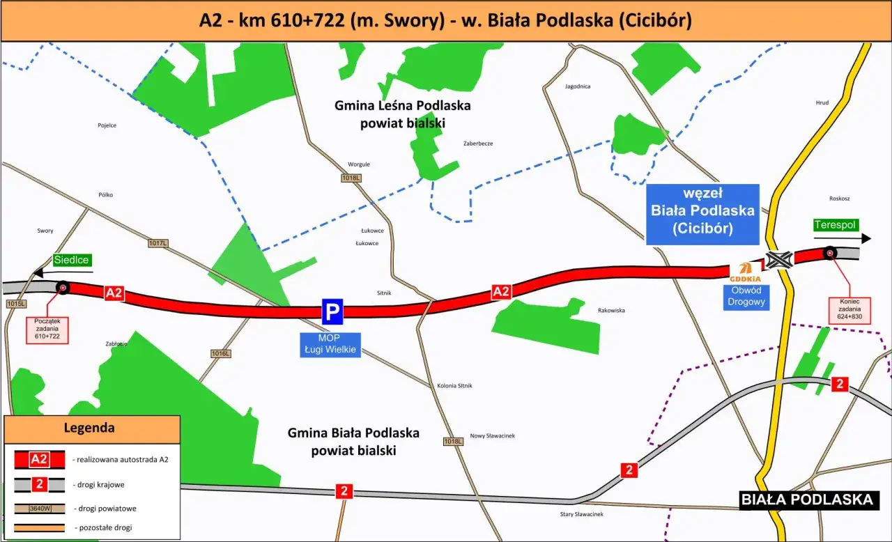 Mapa autostrady A2, odcinek km 610+722 do 624+830, z zaznaczonymi miejscowościami, węzłami i MOP-ami. Wymiary zadania są widoczne na mapie.