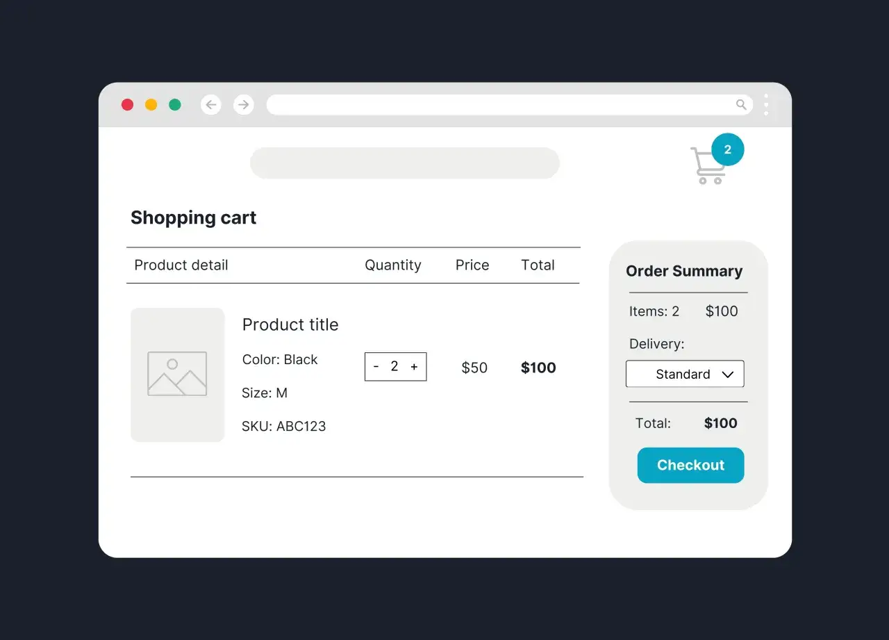 Carrito de compras con dos art&iacute;culos, ideal para la creaci&oacute;n de tiendas online. Resumen del pedido y bot&oacute;n de pago.