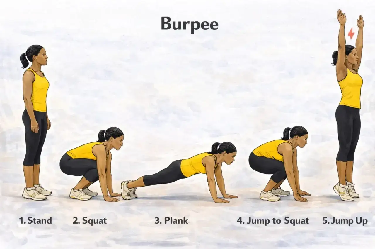 Secuencia de 5 pasos para realizar un burpee: de pie, sentadilla, plancha, salto a sentadilla y salto final.