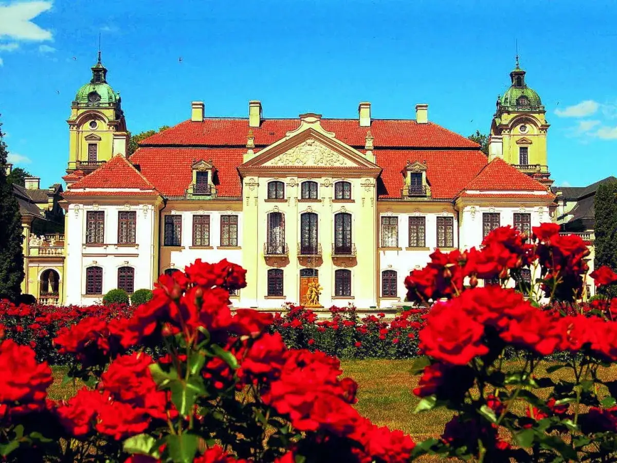 Pałac Zamoyskich zachwyca podczas zwiedzania. Czerwone róże kwitną przed imponującą fasadą.