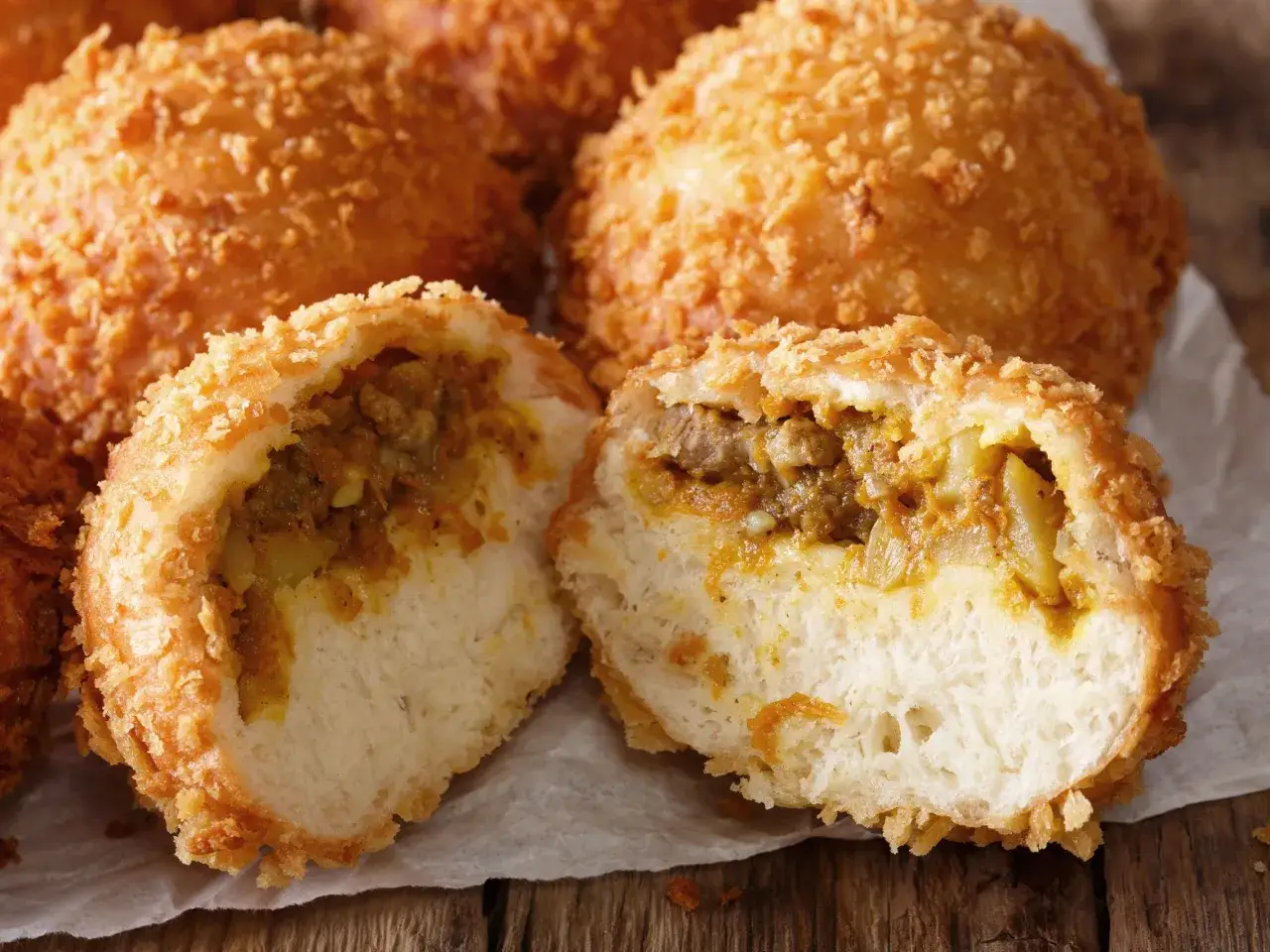 Crispy, golden curry pan, one cut open to reveal a savory, spiced filling of meat and vegetables.