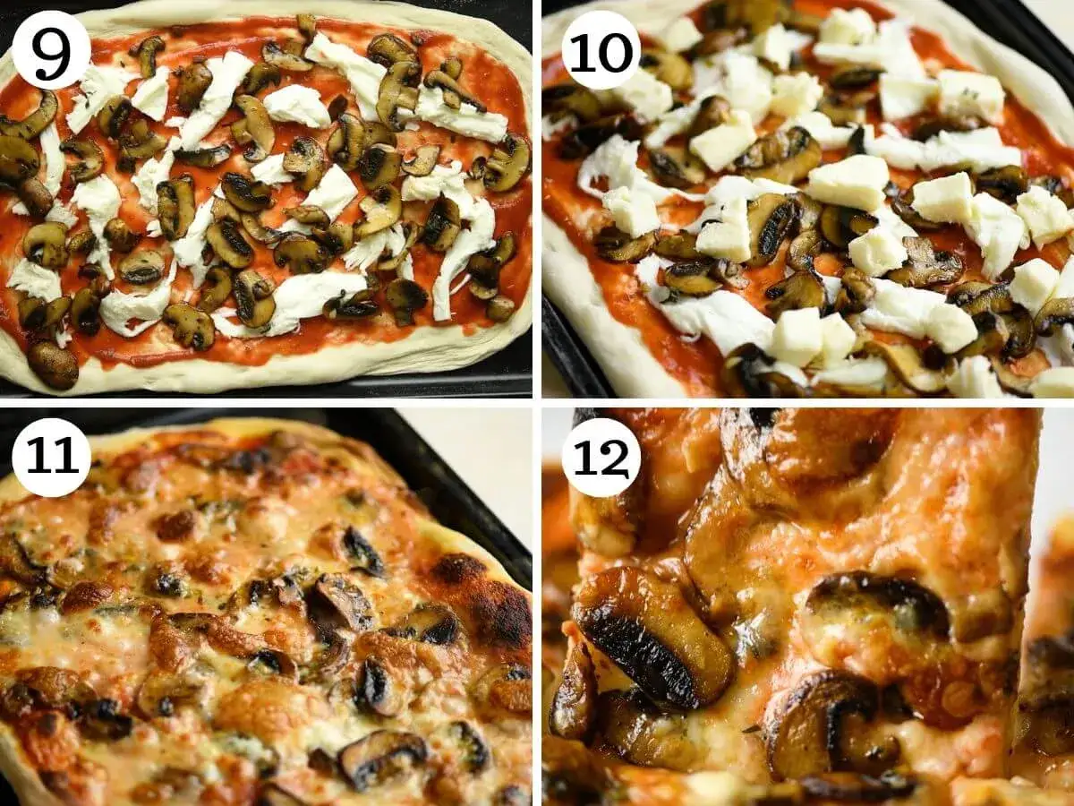 Kawałki pieczarek i mozzarelli na pizzy. Gotowa funghi pizza z rumianym serem i grzybami.