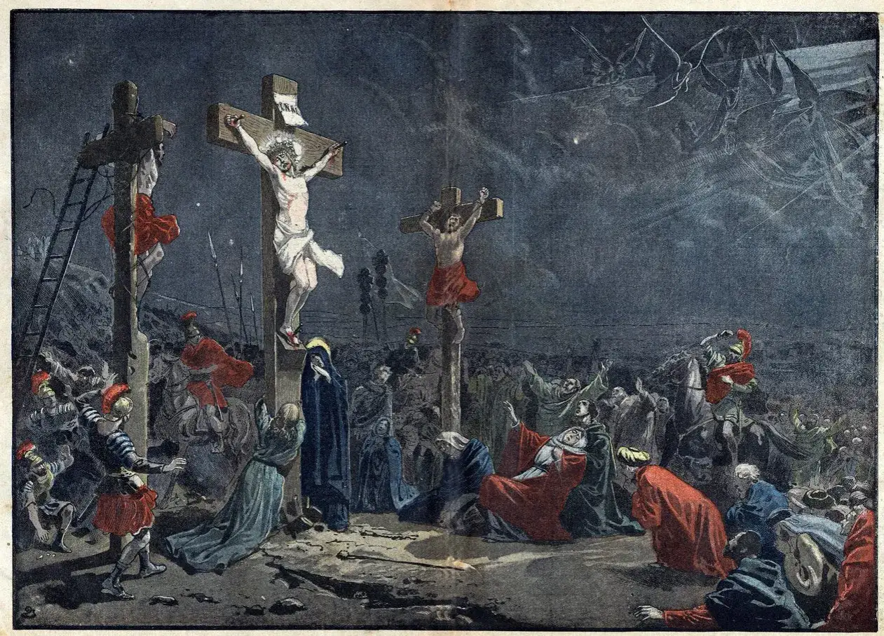 Dramatische Szene: Jesus am Kreuz, umgeben von Soldaten und trauernden Frauen. Dunkler Himmel mit mysteriösen Lichtern.