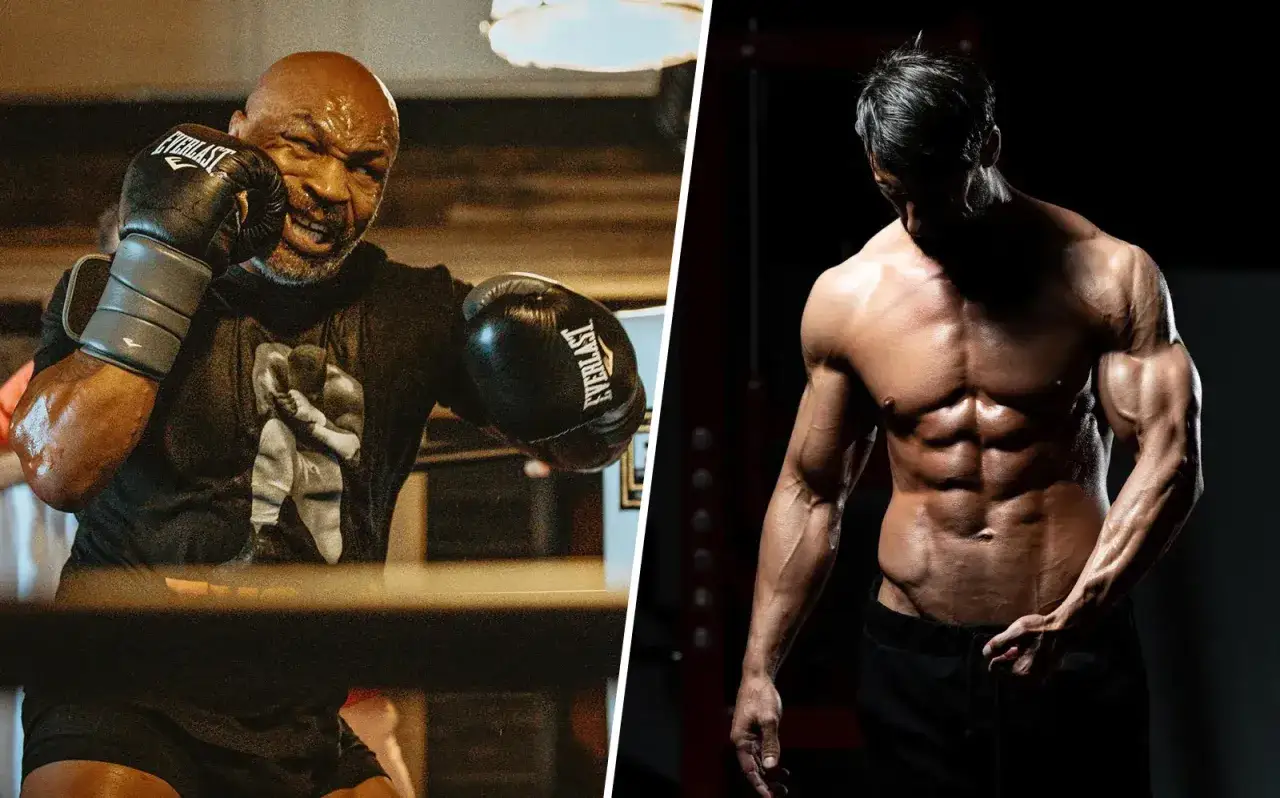 Mike Tyson's strength is legendary. The image shows him training, alongside a powerfully built bodybuilder, both embodying peak physical condition.