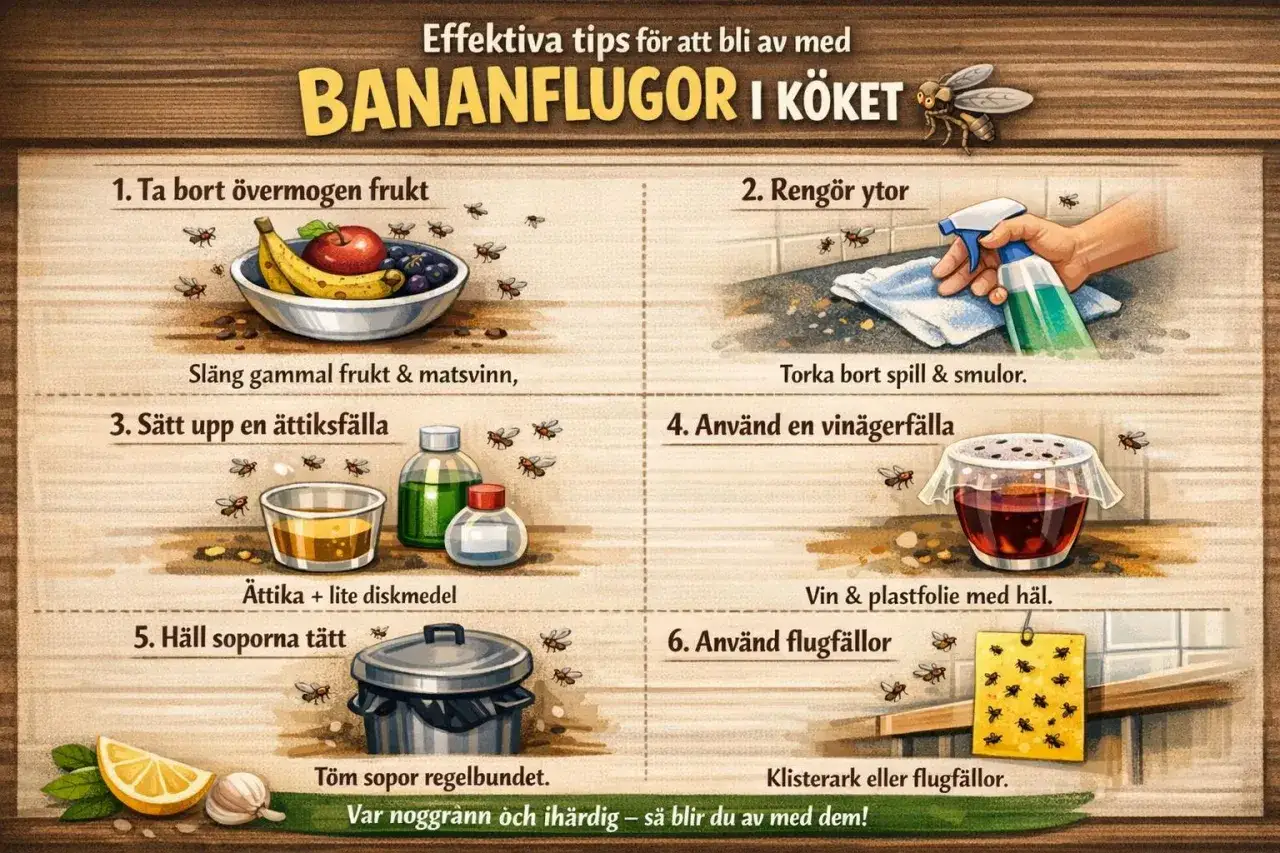 Effektiva tips för att bli av med bananflugor i köket: ta bort övermogen frukt, rengör ytor, sätt upp fällor med ättika eller vinäger, töm soporna.