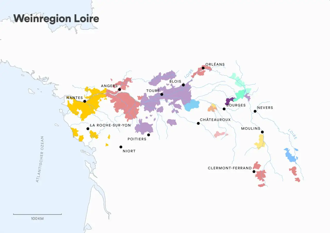 Karte der Weinregion Loire mit farblich markierten Anbaugebieten, die die besten Weine der Loire präsentieren. Städte wie Nantes, Tours und Orléans sind eingezeichnet.