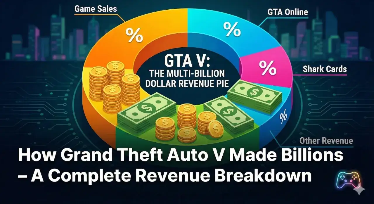 Wykres kołowy pokazuje, ile zarobiło GTA 5. Podzielony jest na sprzedaż gry, GTA Online, karty rekin&oacute;w i inne przychody, z mn&oacute;stwem pieniędzy i monet.