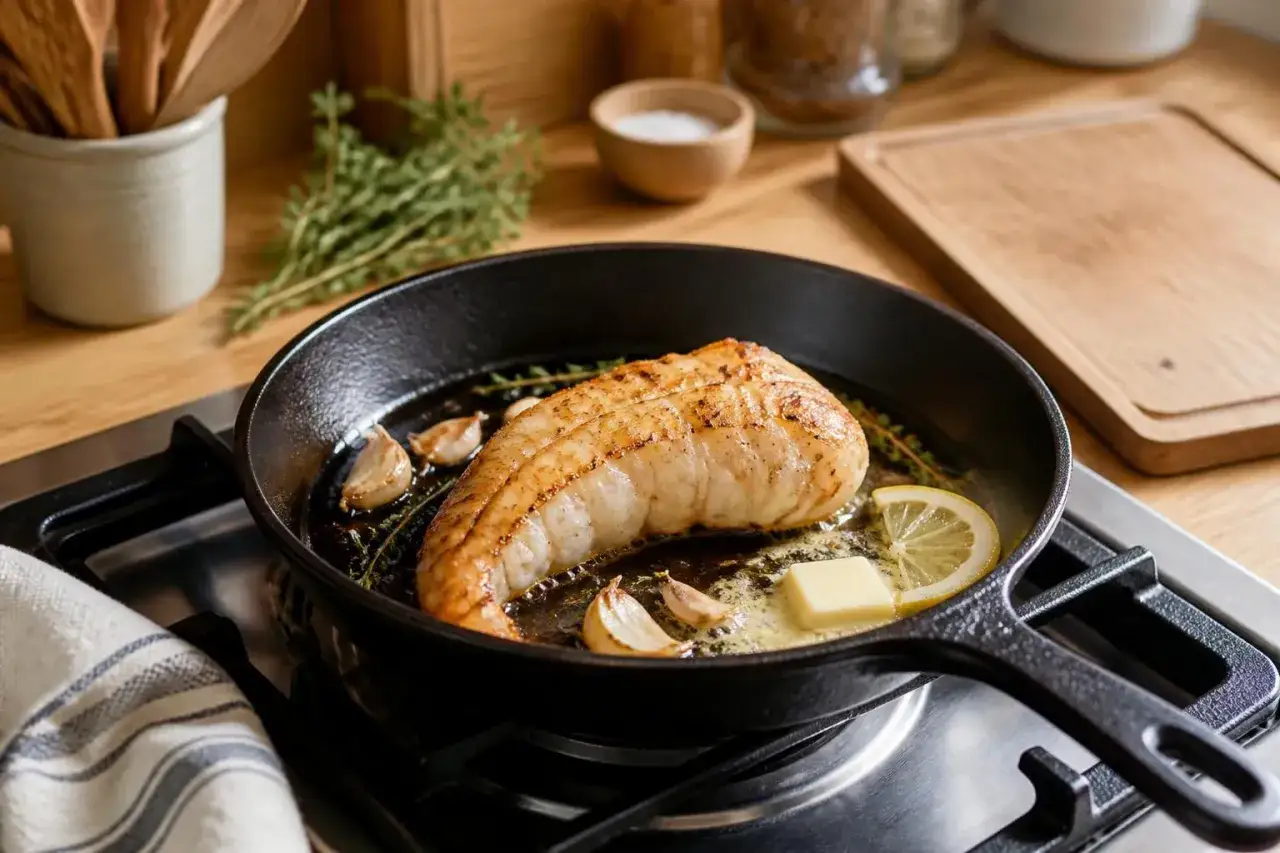 Un beau morceau de joue de lotte cuit à la poêle avec de l'ail, du thym, du beurre et du citron.