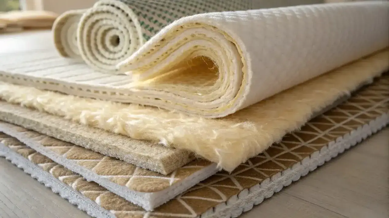 Échantillons de matériaux pour l'isolation textile recyclé : tapis épais, feutre et rouleaux.