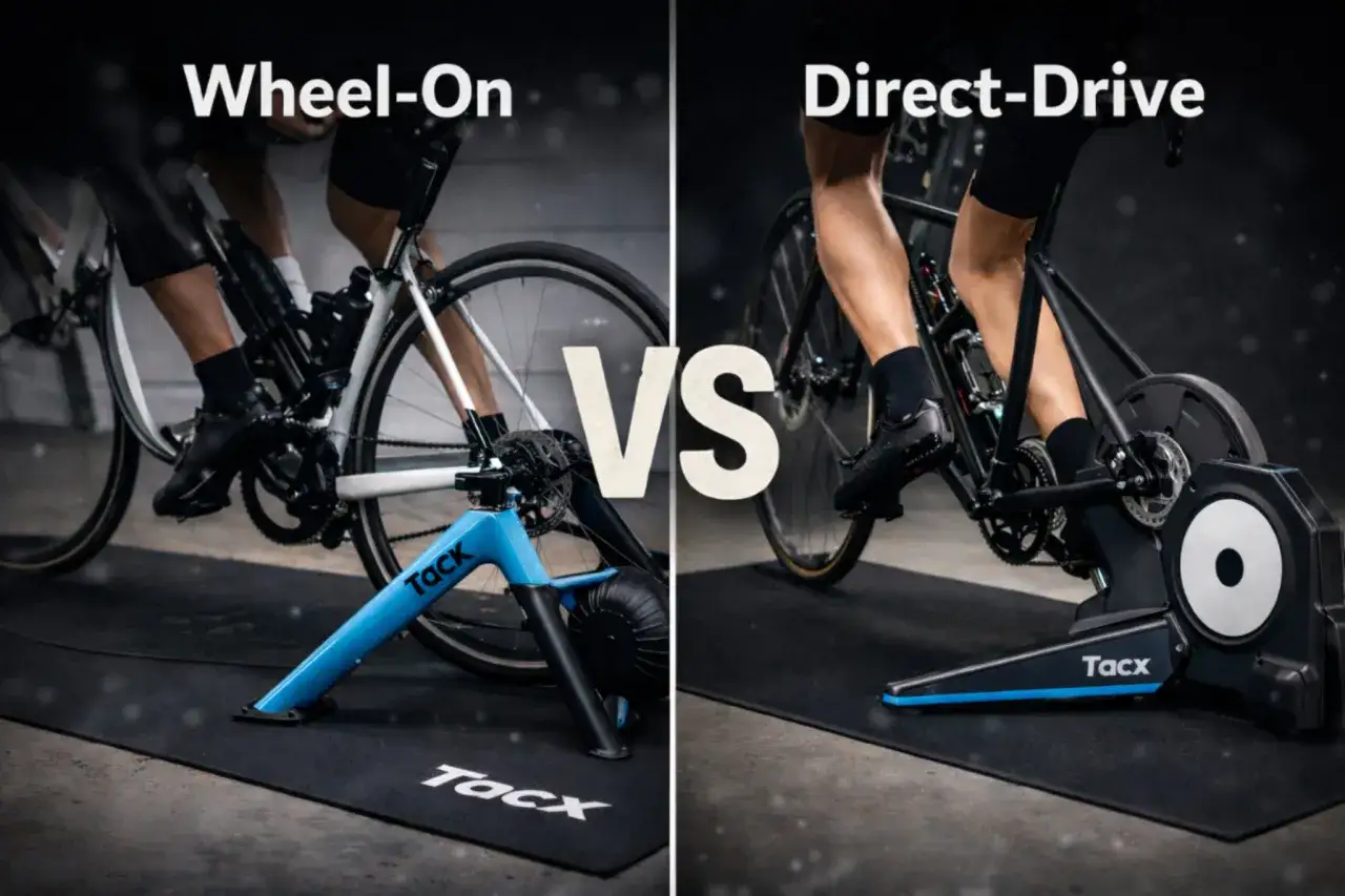 Left: a bike on a blue wheel-on trainer. Right: a bike on a black direct-drive trainer. Comparing spin bike vs trainer setups.