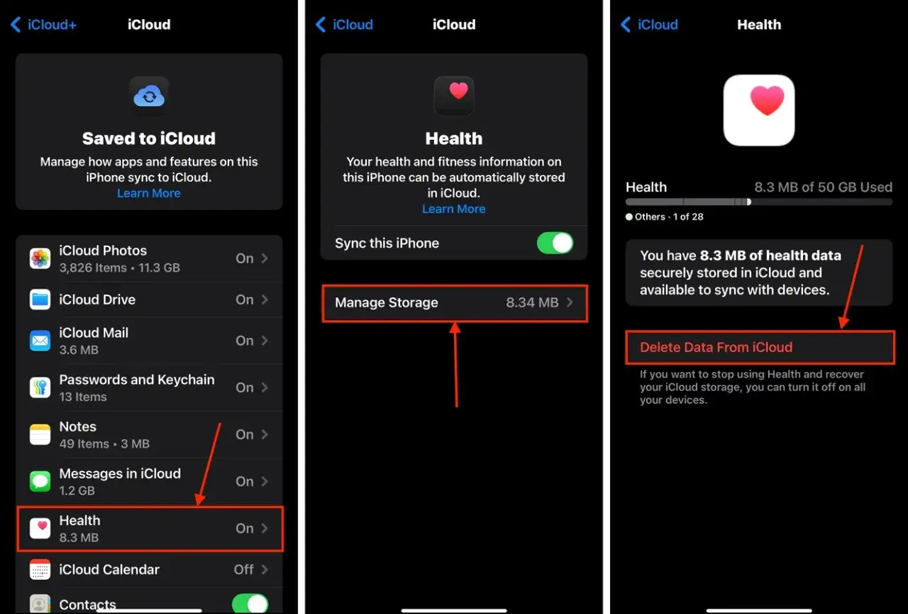 Jak usunąć aplikacje z iPhone: przejdź do Ustawienia > [Twoje imię] > iCloud > Zarządzaj przechowywaniem > Zdrowie > Usuń dane z iCloud.