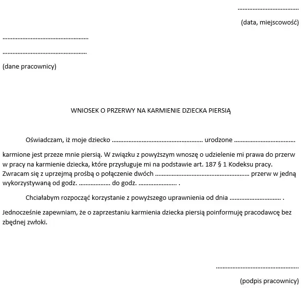 Przykładowy wzór wniosku o przerwy na karmienie piersią