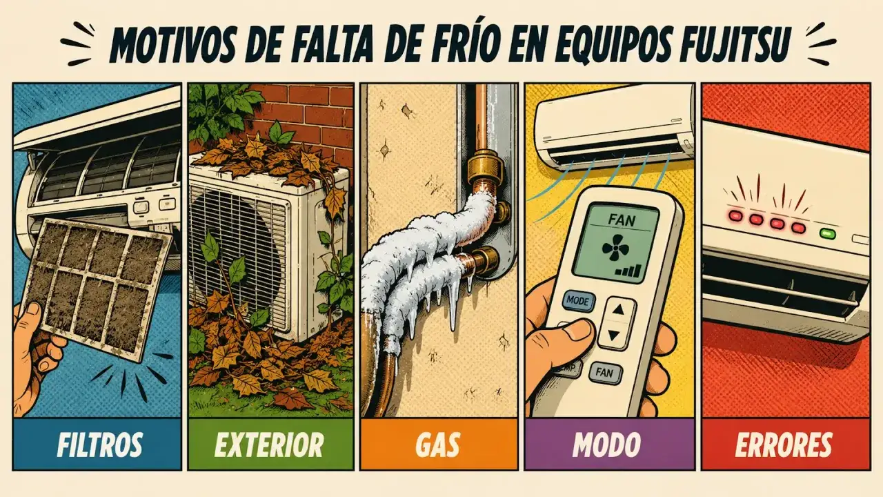 Motivos de falta de frío en equipos Fujitsu Inverter: filtros sucios, exterior obstruido, gas congelado, modo incorrecto o errores.