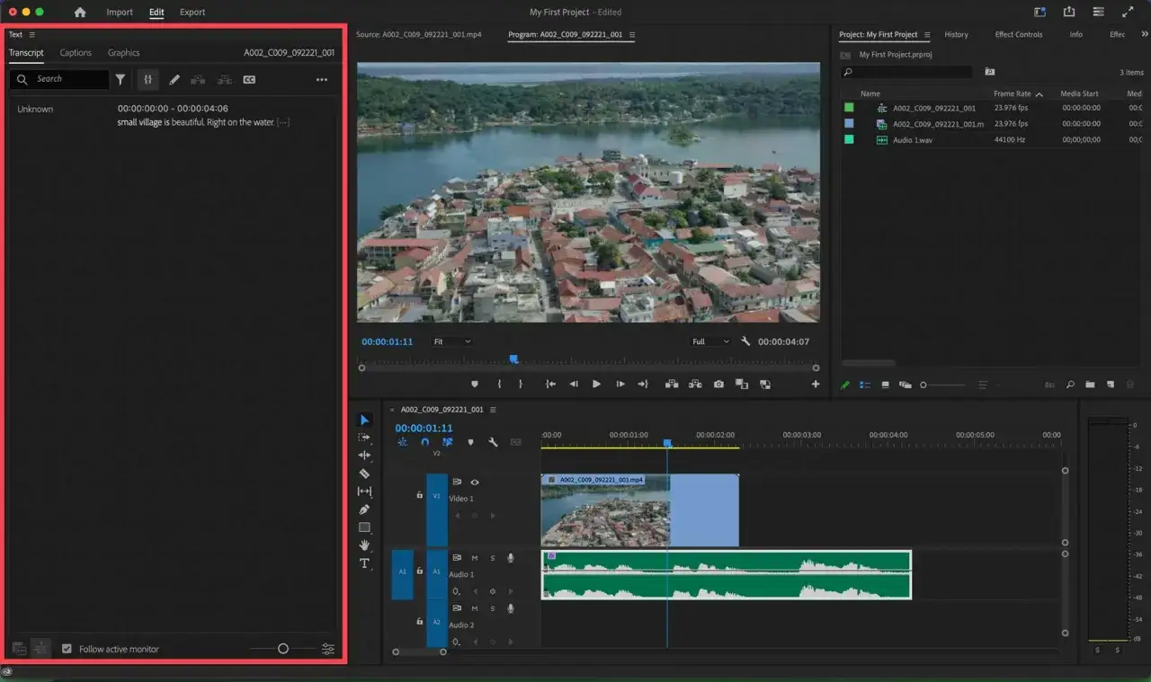 Premiere Pro interface showing how to add text to a video clip. The transcript panel displays