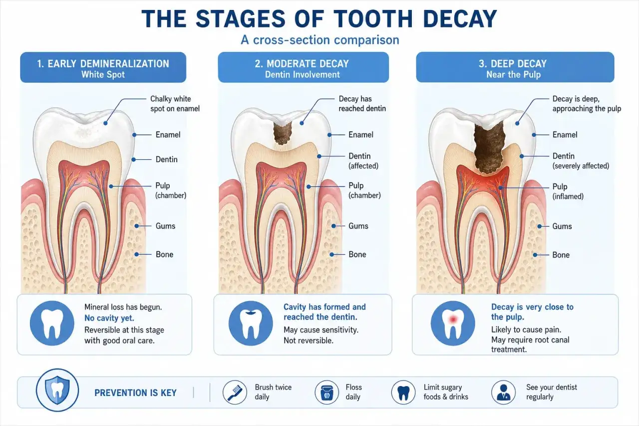 Ilustración muestra cómo es una caries en tres etapas: desmineralización temprana, caries moderada y caries profunda, afectando esmalte, dentina y pulpa.