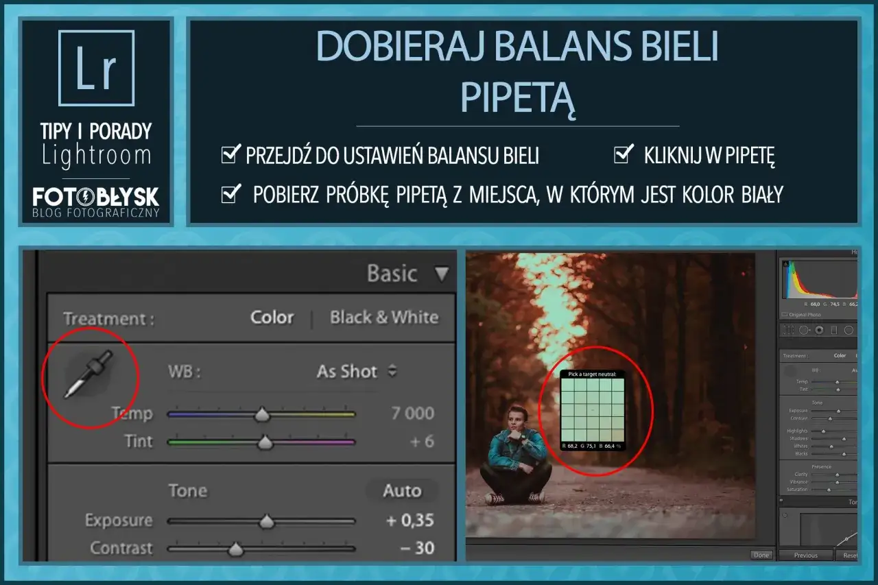 Porady Lightroom: dobieranie balansu bieli pipetą. Zdjęcie z jesiennym krajobrazem i ciepłe kolory.