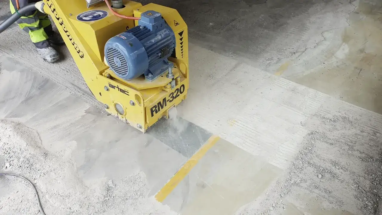 Maszyna do szlifowania betonu RM-320 pracuje, tworząc pył. Sprawdź szlifowanie betonu cena za m2.