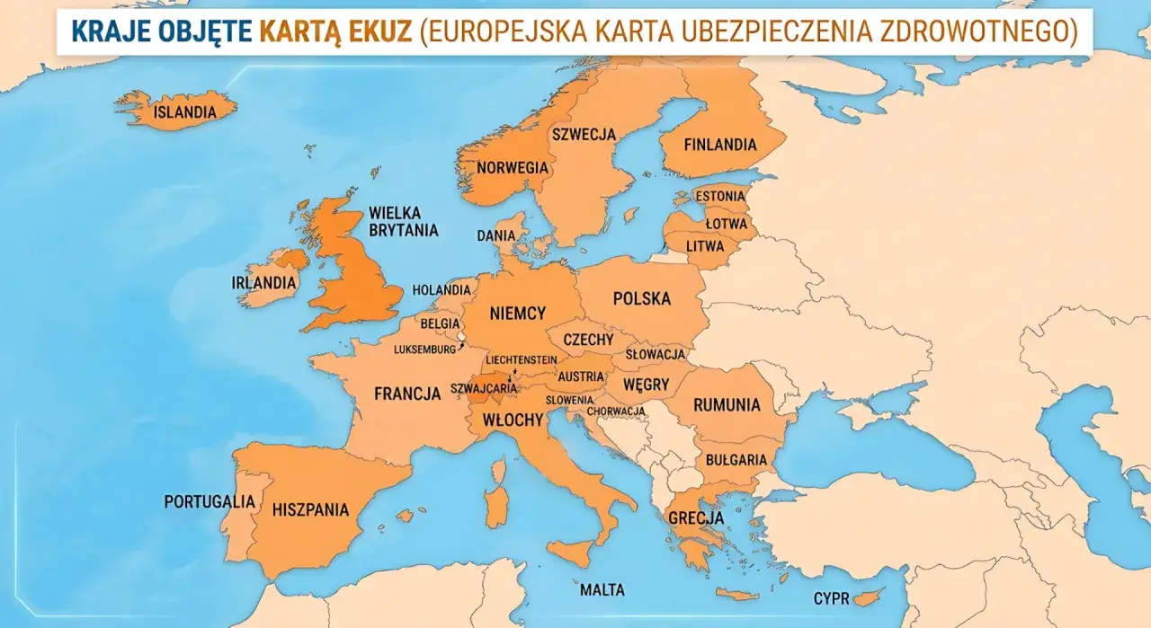 Mapa Europy z zaznaczonymi krajami objętymi EKUZ. Ubezpieczenie Szwajcaria jest dostępne dla podróżujących.