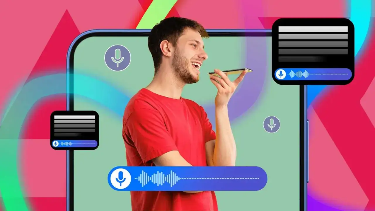 Mężczyzna mówi do telefonu, pokazując, jak włączyć pisanie głosowe. Widoczne ikony mikrofonu i fale dźwiękowe.