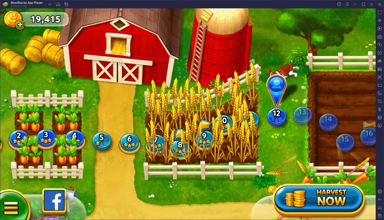 Gra Solitaire Grand Harvest: pole z marchewkami i złotym zbożem, czerwona stodoła, silos, piesek i numerowane kuleczki.