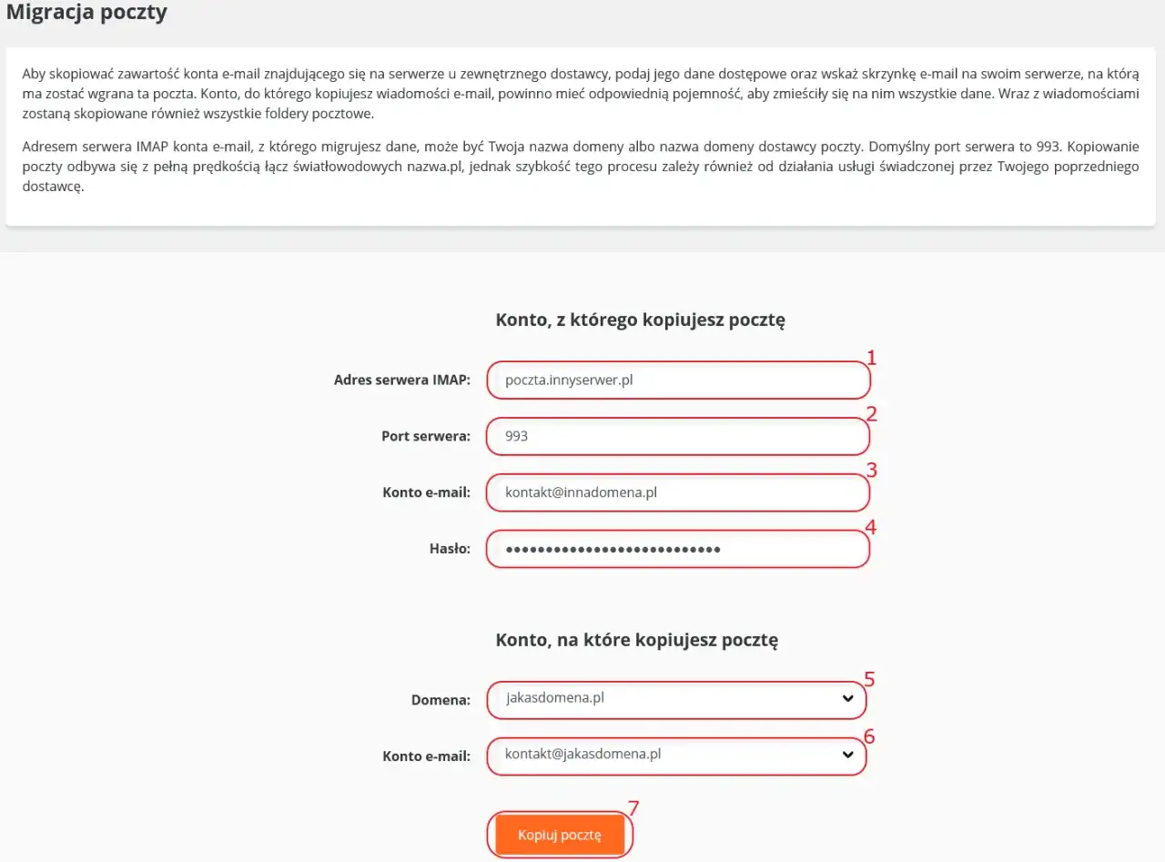 Formularz migracji poczty. Wpisz dane konta źródłowego (IMAP, port, e-mail, hasło) i docelowego, by skopiować wiadomości. Czy da się zmienić nazwę maila?