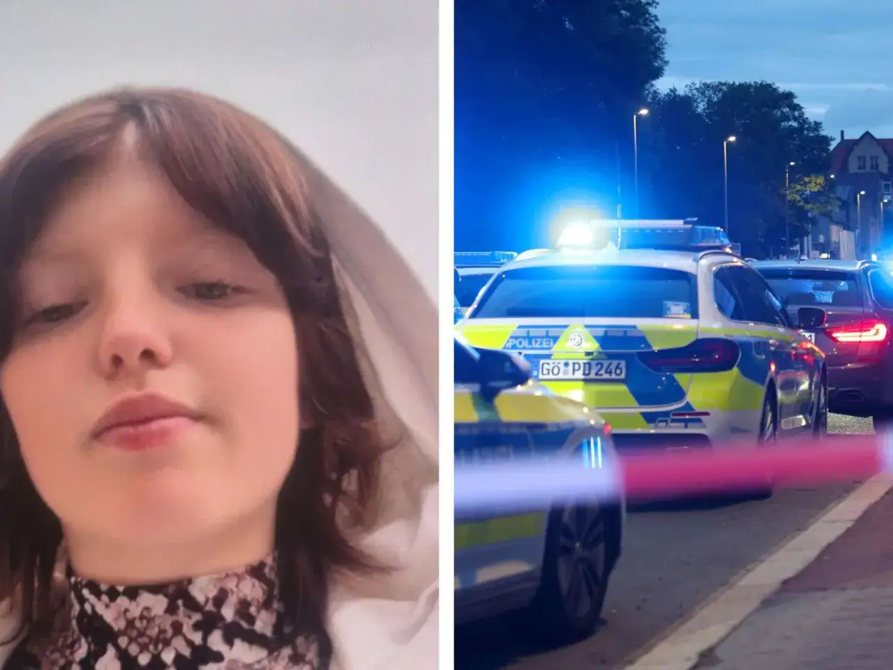 Ein M&auml;dchengesicht links, rechts Polizeiautos mit Blaulicht. Die Suche nach einem **kind verloren** l&auml;uft.