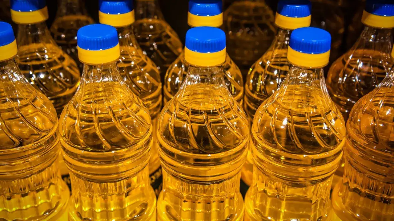 Butelki oleju słonecznikowego z niebiesko-żółtymi zakrętkami. Zastanawiasz się, gdzie wyrzucić butelkę po oliwie? Plastikowe opakowania po oleju zazwyczaj trafiają do pojemnika na plastik.