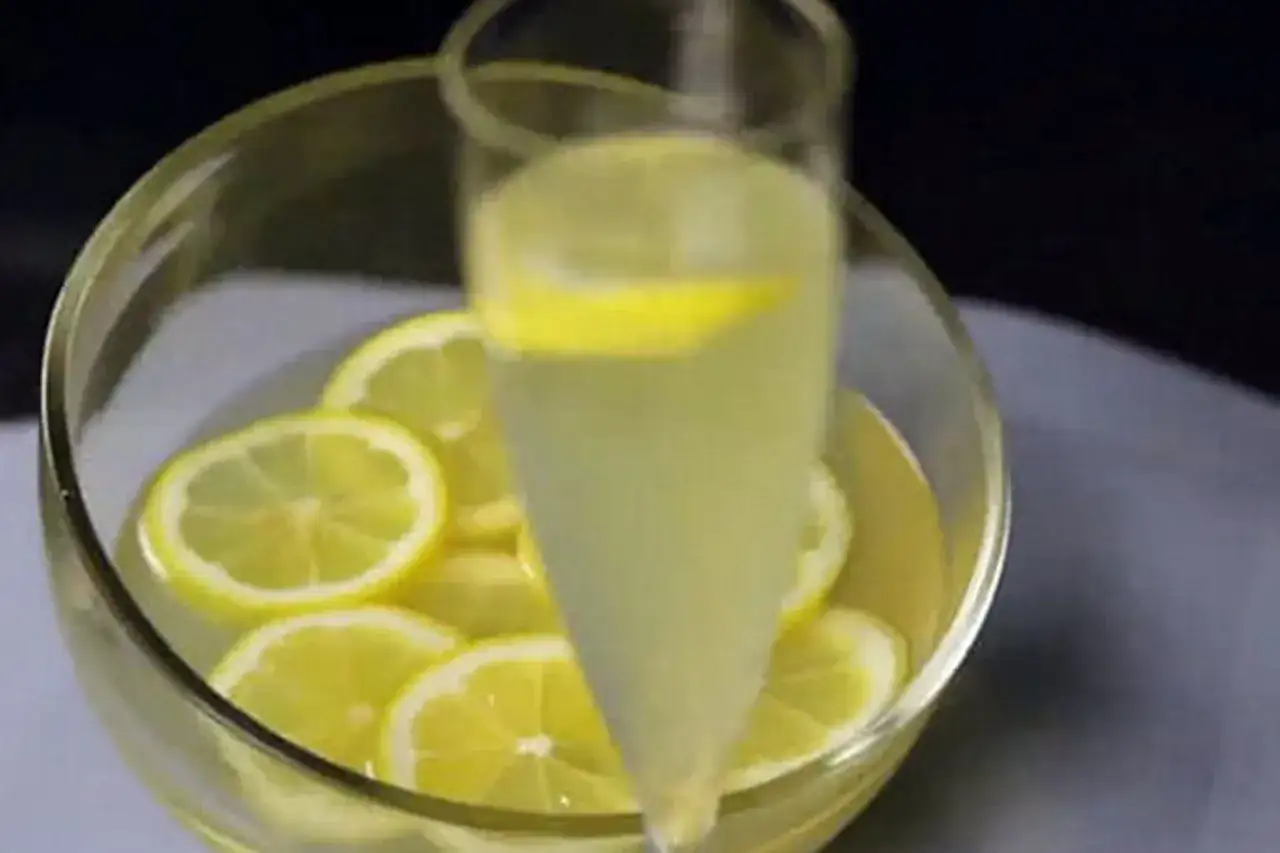 Verre de boisson pétillante avec rondelles de citron, parfait pour une recette de soupe champenoise rafraîchissante.