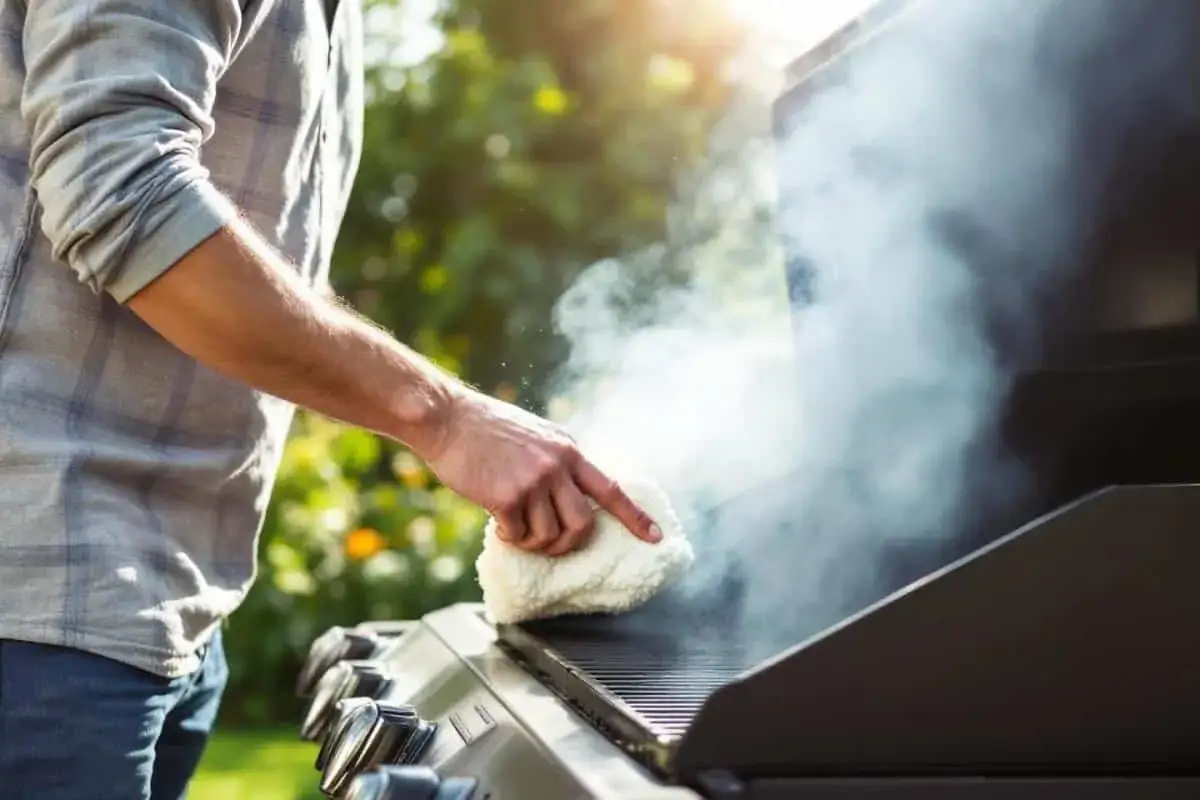 Un homme nettoie son barbecue &agrave; charbon avec une &eacute;ponge, de la vapeur s'&eacute;chappe.