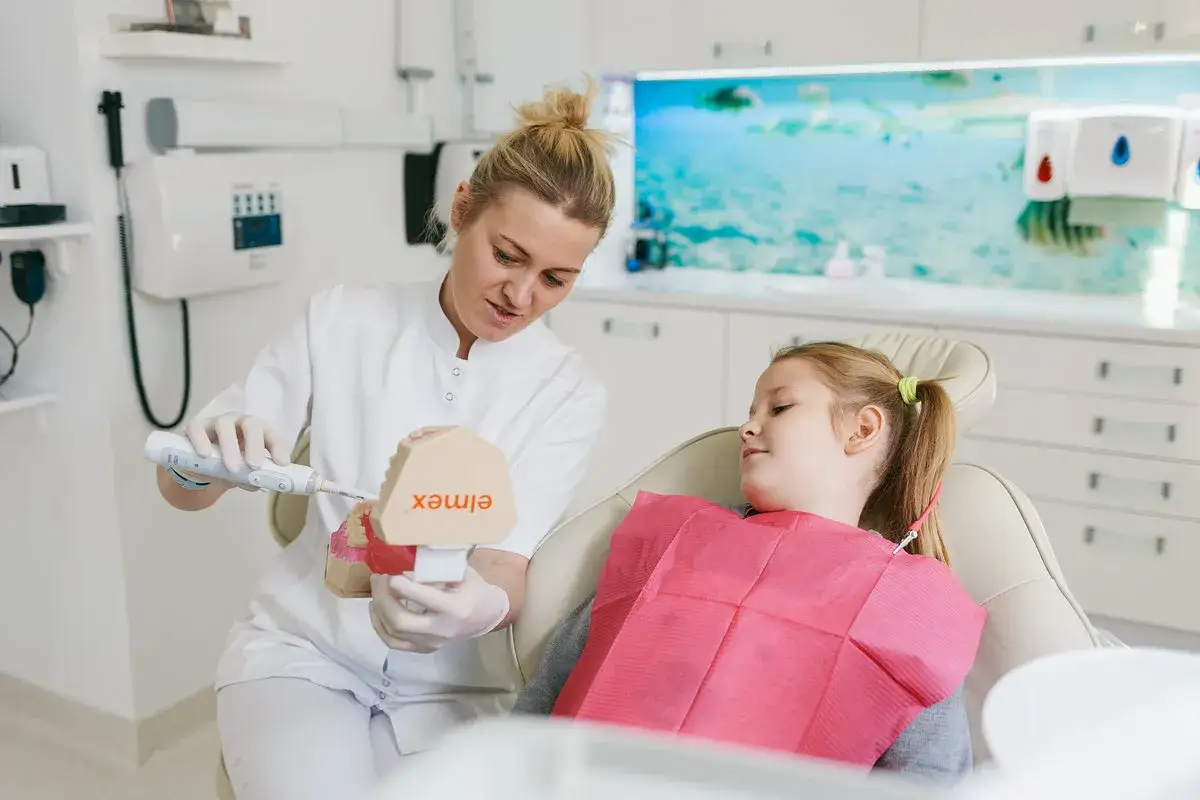Dentystka pokazuje dziecku model szczęki i szczoteczkę elektryczną.