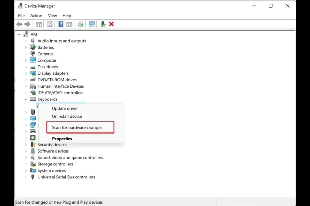 Menedżer urządzeń Windows 11. Po kliknięciu prawym przyciskiem myszy na 