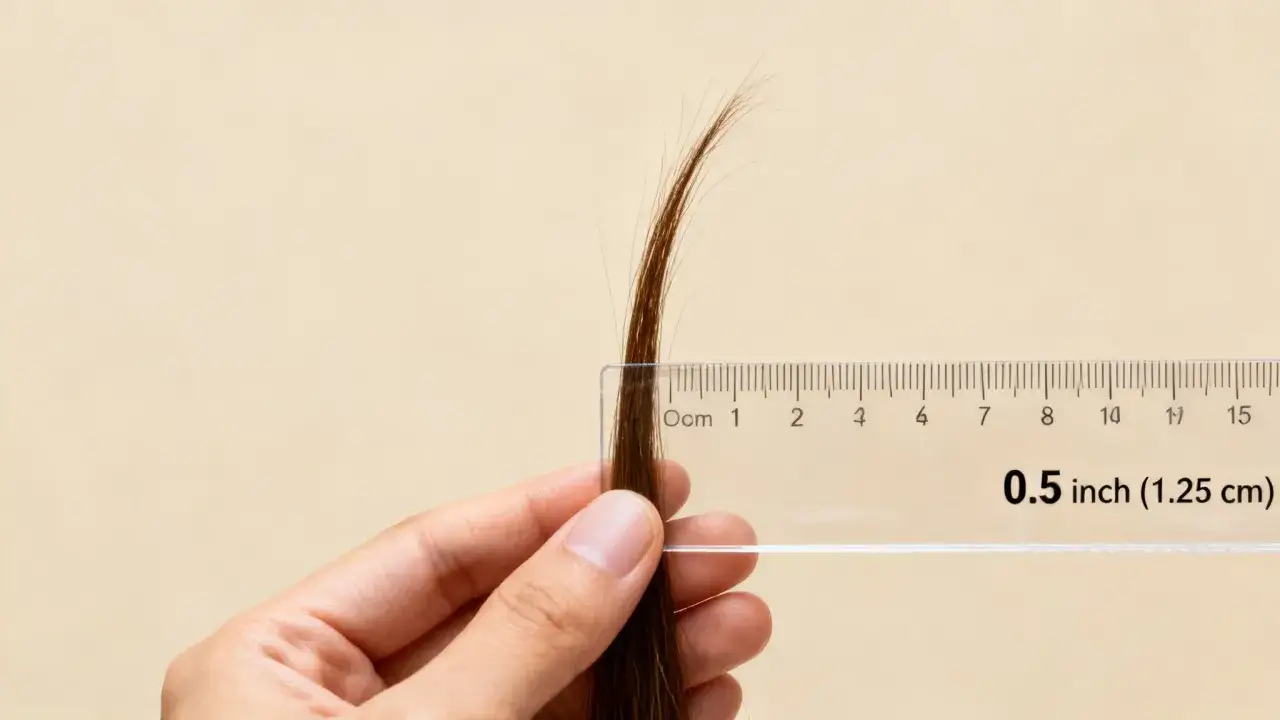 Dłoń trzyma kosmyk włosów nad linijką, pokazując, ile rosną włosy w 2 tygodnie: 1,25 cm.