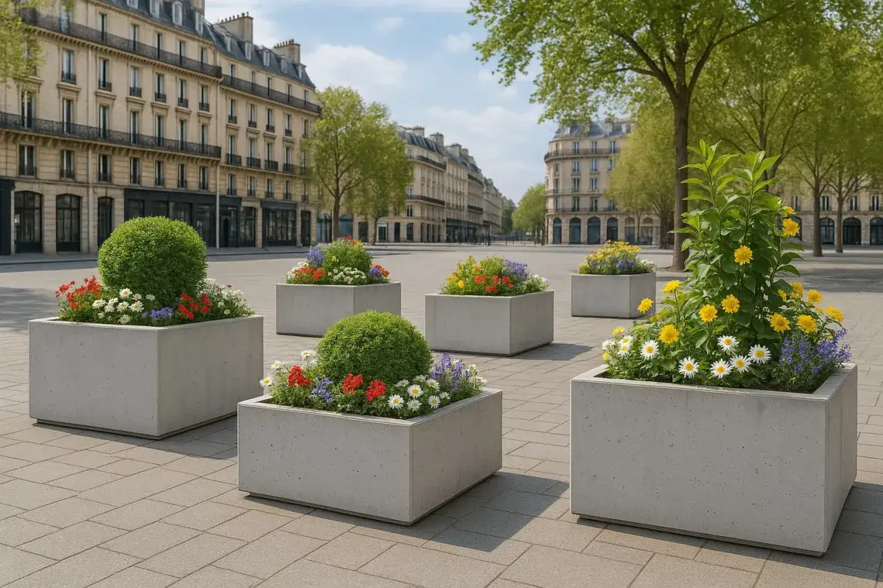 Des jardini&egrave;res fleuries transforment une cour en b&eacute;ton en jardin urbain, apportant couleur et vie.