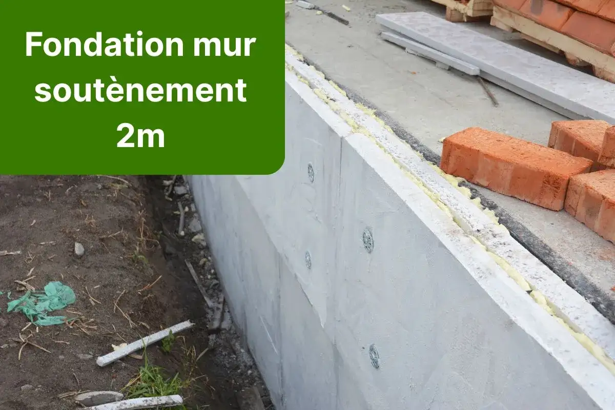 Construction d'une fondation mur de sout&egrave;nement de 2m. Le mur en b&eacute;ton est visible, avec des briques et des mat&eacute;riaux de construction &agrave; proximit&eacute;.