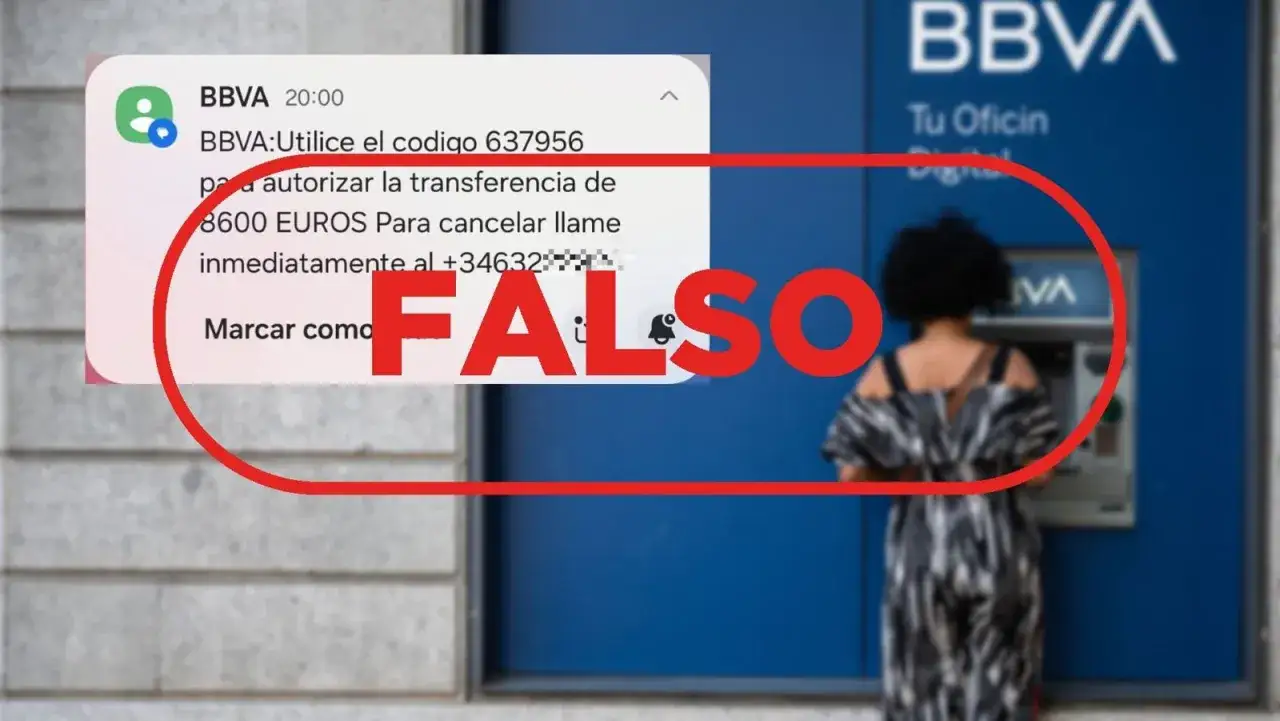 Alerta de estafa transferencia bancaria: mensaje falso de BBVA pidiendo código para autorizar 8600€.