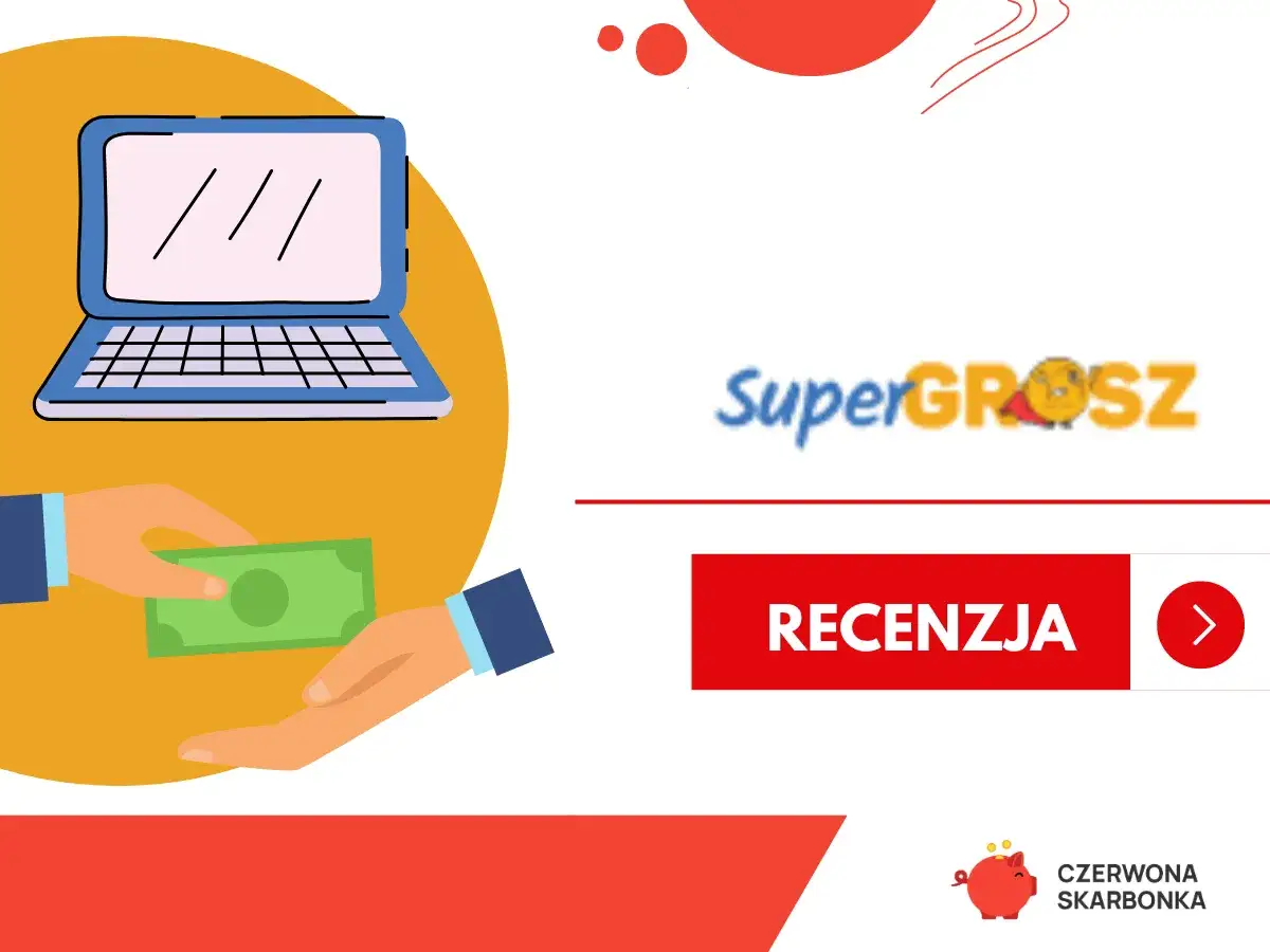 Ręce przekazują sobie pieniądze przy laptopie. Logo SuperGrosz i przycisk 
