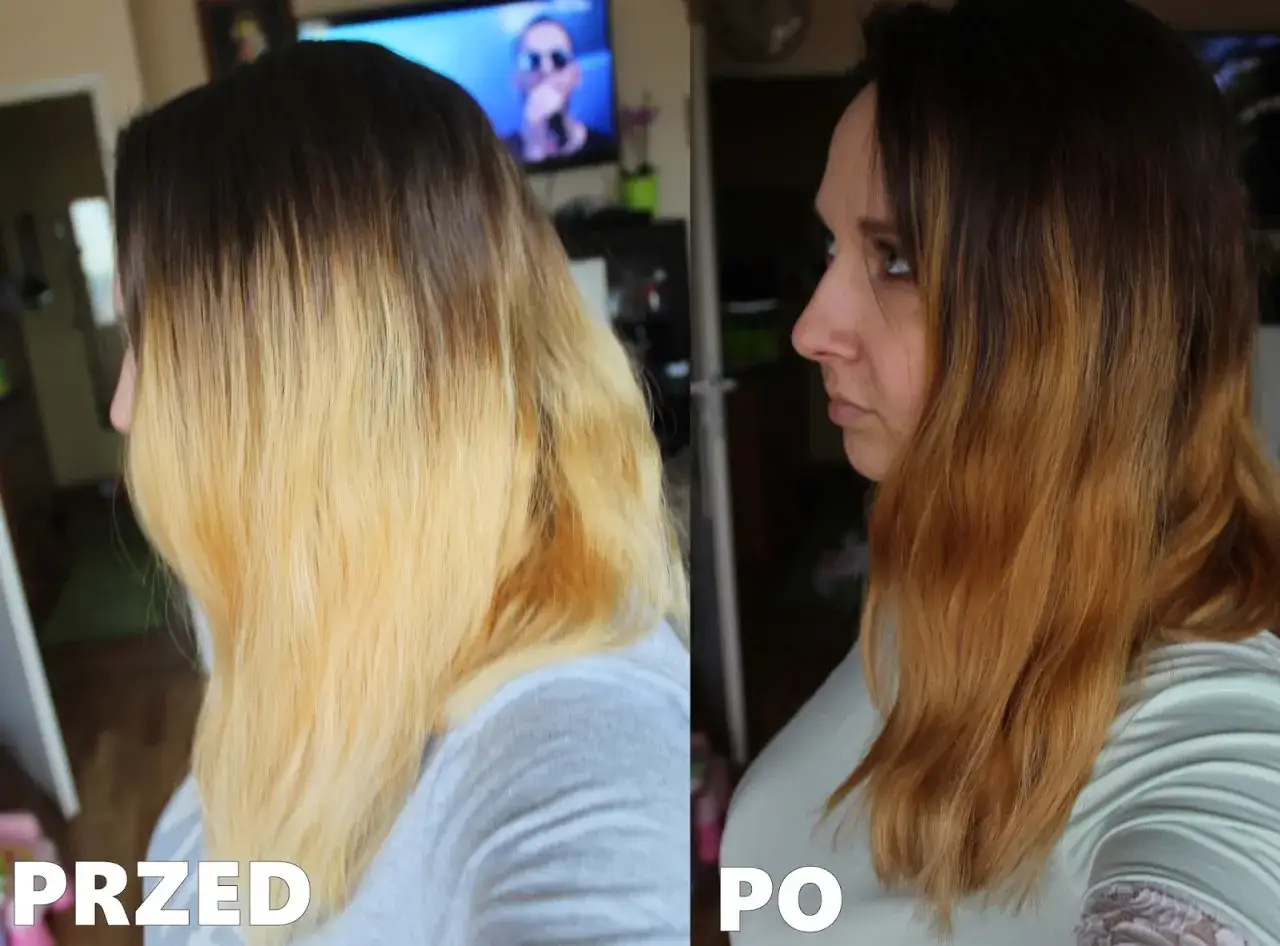 Przed i po: ciemne odrosty i blond końcówki włosów przed użyciem szamponetki, po - włosy w odcieniu rudawego brązu.