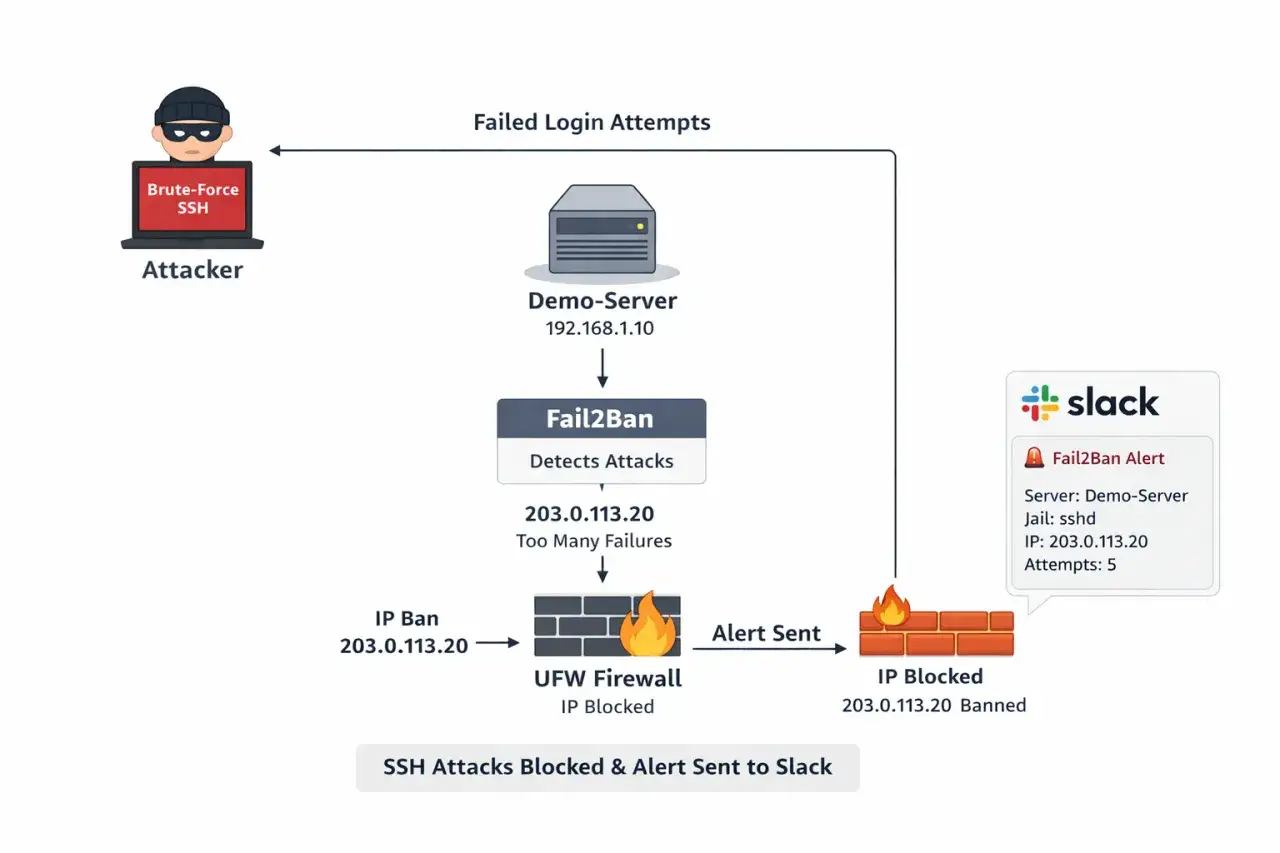 Sch&eacute;ma : un attaquant SSH tente de se connecter &agrave; un serveur Debian. Fail2Ban d&eacute;tecte les tentatives &eacute;chou&eacute;es, bloque l'IP via UFW et envoie une alerte Slack.