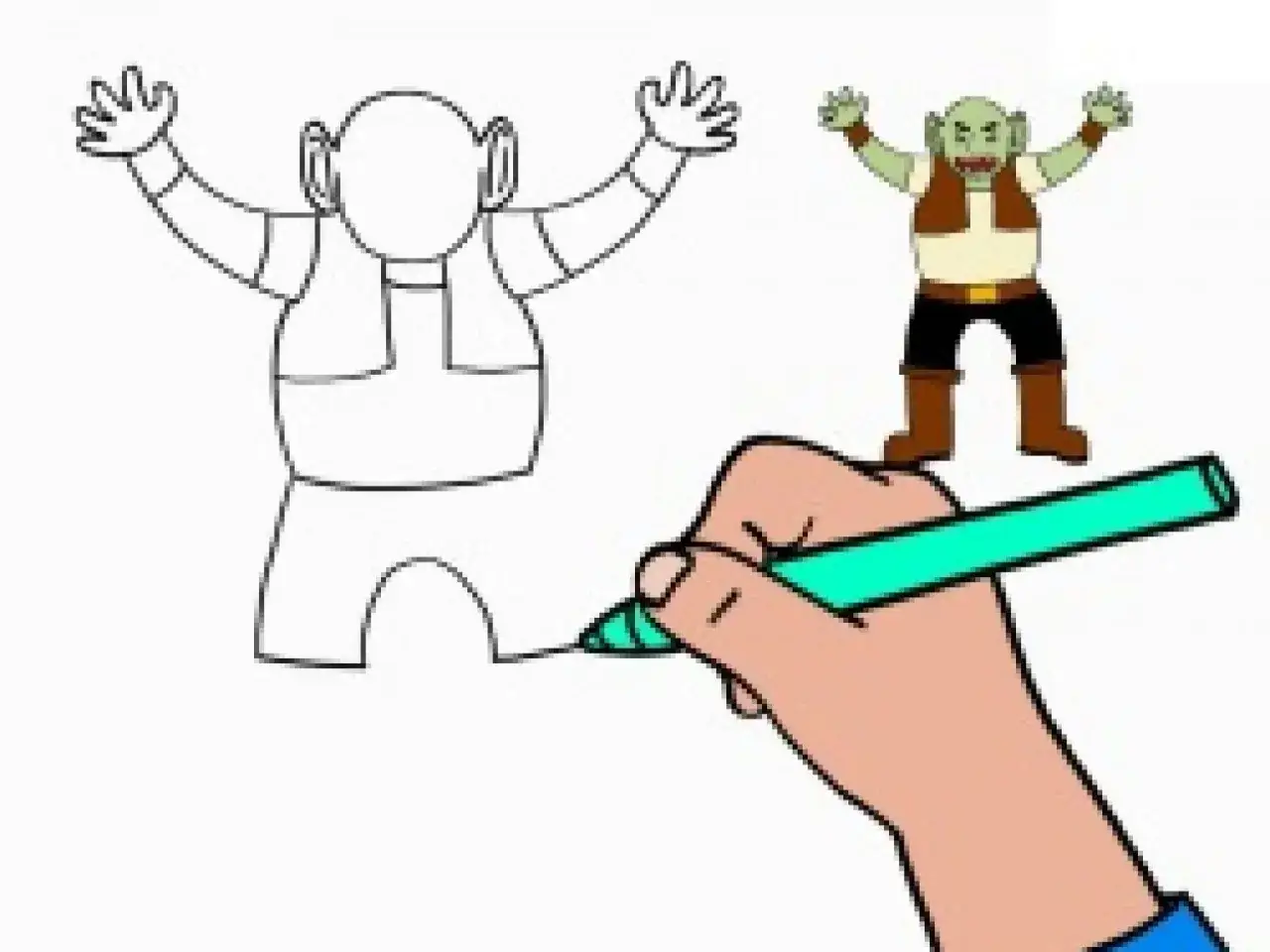 Un dessin ogre facile prend vie ! Une main colorie un personnage vert avec un gilet marron.