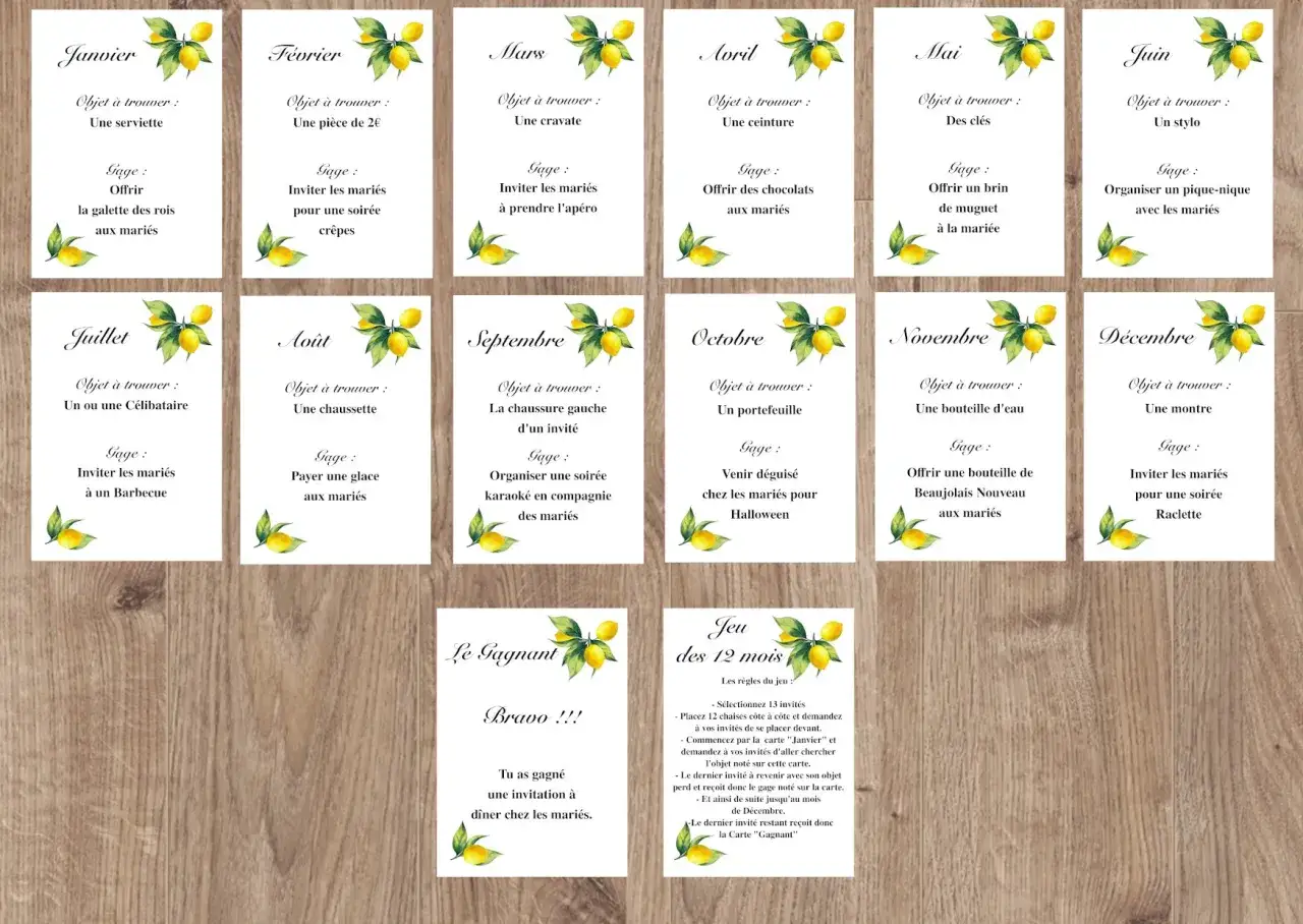 Cartes illustrées de citrons pour un jeu des 12 mois, avec des objets à trouver et des gages pour chaque mois.