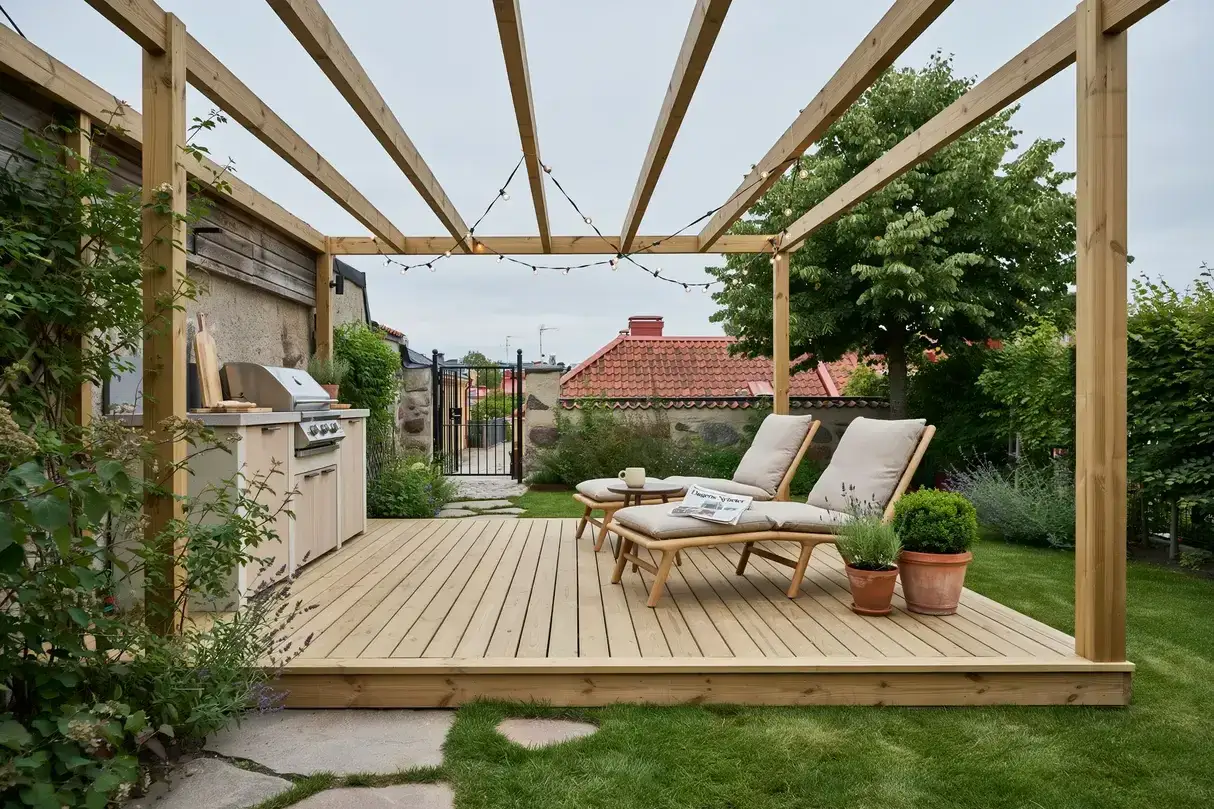 En härlig altan med pergola, perfekt för att bygga en mysig uteplats. Här finns grill, solstolar och ljusslingor.