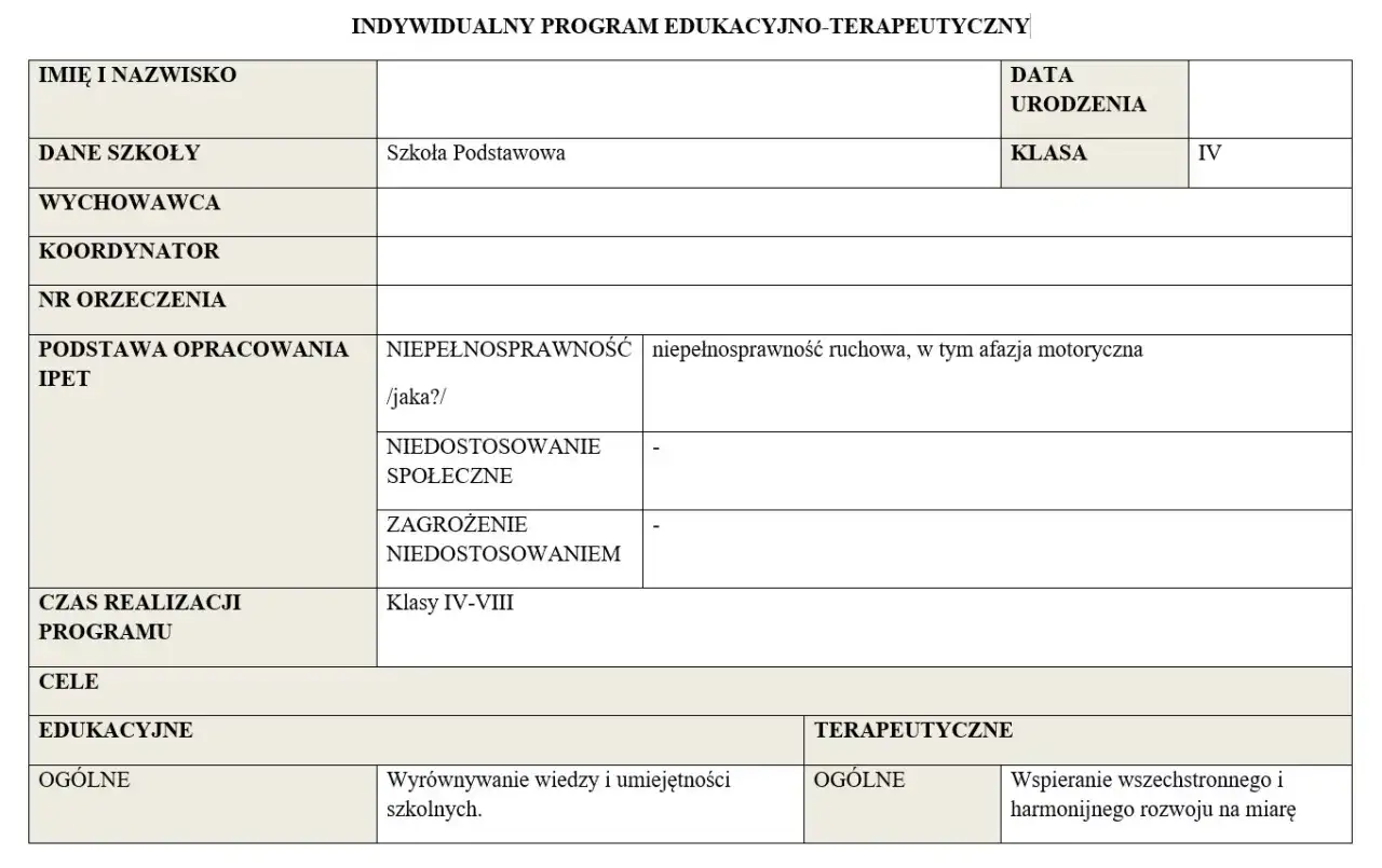 Indywidualny program nauczania wzór: dane ucznia, szkoła, orzeczenie o niepełnosprawności ruchowej, cele edukacyjne i terapeutyczne.