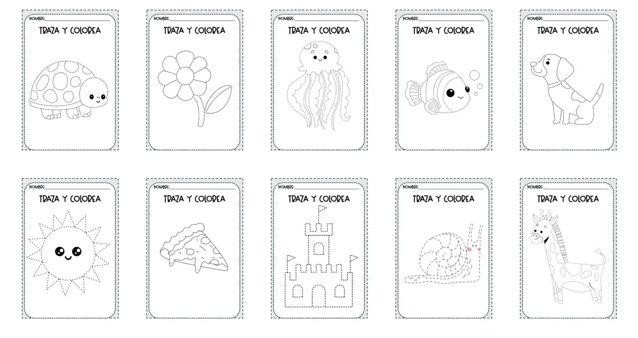 Conjunto de dibujos para repasar y colorear: tortuga, flor, medusa, pez, perro, sol, pizza, castillo, caracol y jirafa.