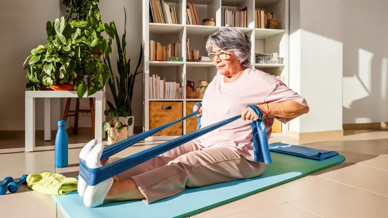 Donna anziana fa esercizi con elastico per gambe, parte di una routine per ritenzione idrica.