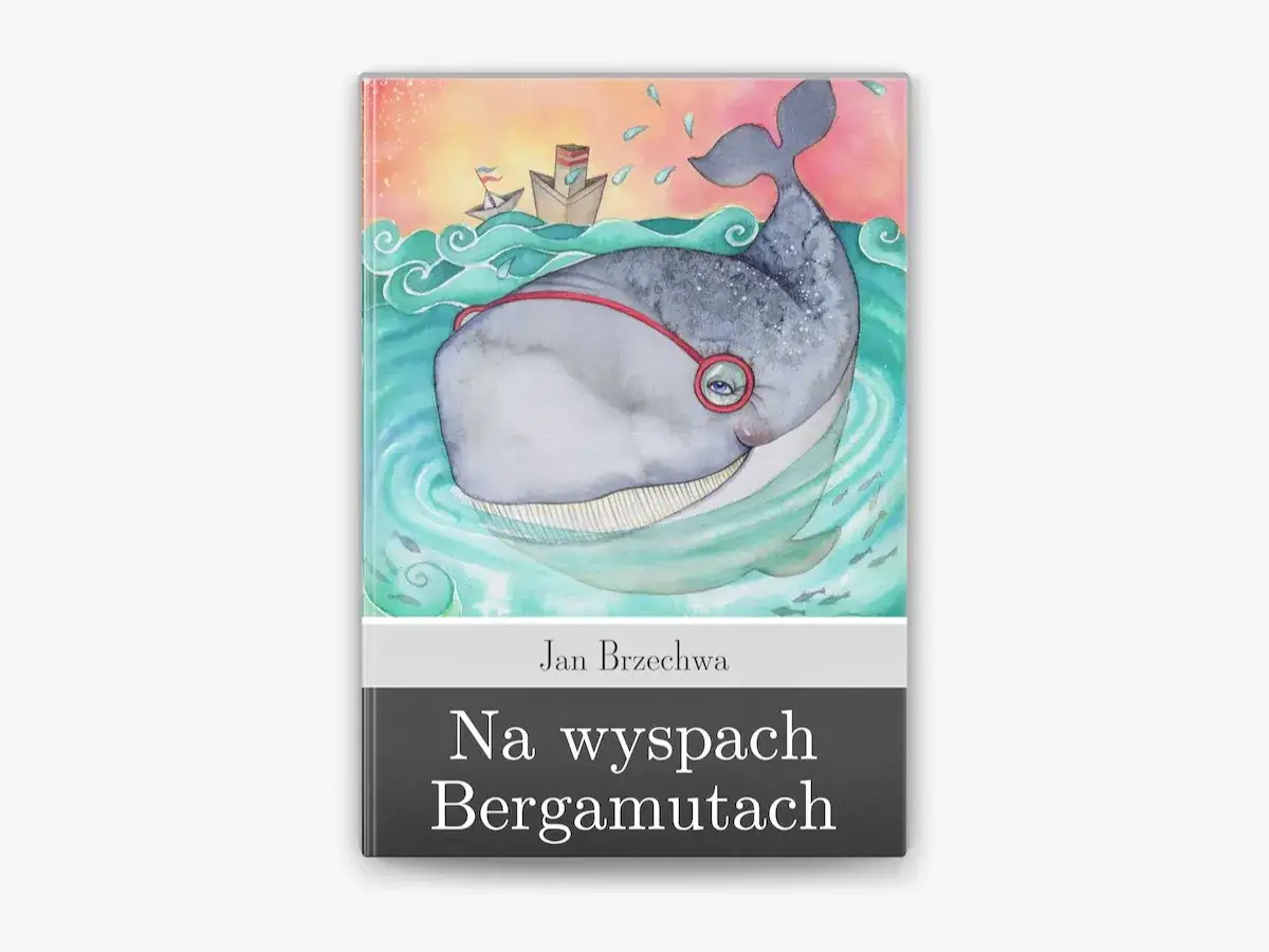 Wesoły wieloryb w okularach pływa na wyspach Bergamutach. Obok małe statki i rybki.