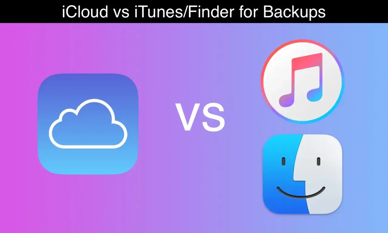 Icono de nube (iCloud) vs. iconos de Música y Finder. Compara métodos para copia de seguridad iPhone.
