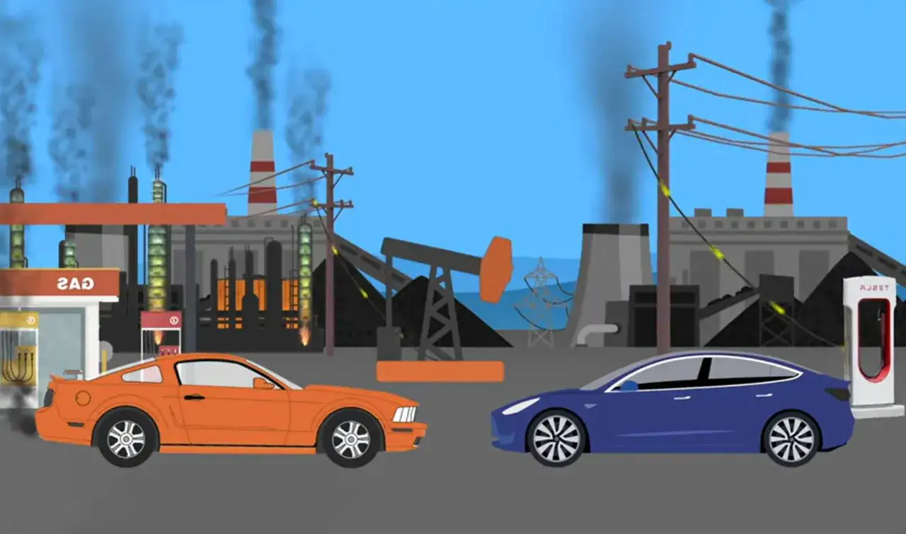 Voiture thermique orange &agrave; une station-service, voiture &eacute;lectrique bleue &agrave; une borne de recharge, usines polluantes en arri&egrave;re-plan. L'interdiction voiture thermique est en marche.