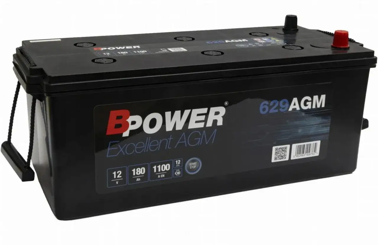 Czarny akumulator BPower Excellent AGM 12V 180Ah, gotowy do zasilania Twojego pojazdu.