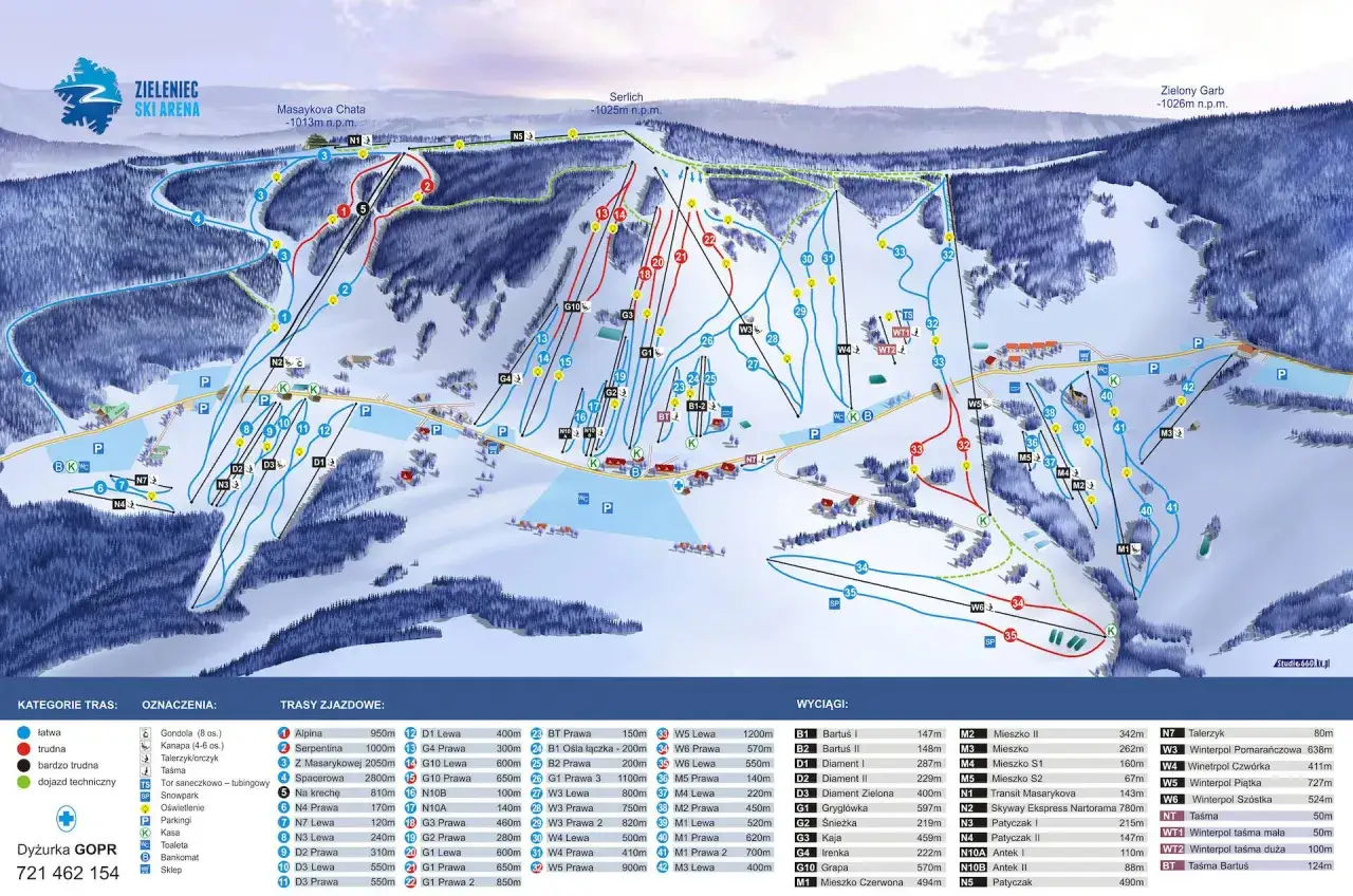 Mapa tras narciarskich Zieleniec Ski Arena. Znajdziesz tu zielone, niebieskie i czerwone stoki narciarskie, wyciągi i parkingi.