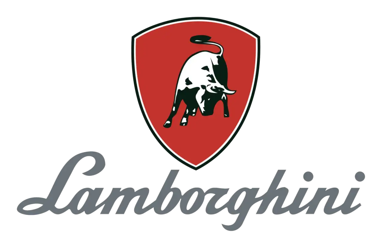 Oto jak wygląda znaczek Lamborghini: czerwona tarcza z czarnym bykiem i szary napis 